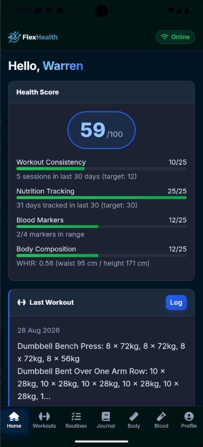 The FlexHealth mobile app showing a health score and the most recent workout